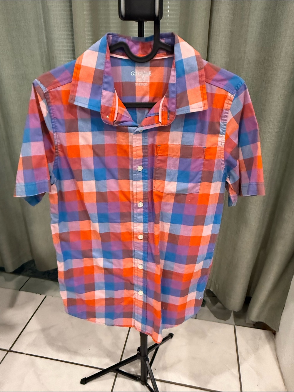 Cat & Jack Short-Sleeve Plaid Button-Down Shirt in Red, Blue & Purple